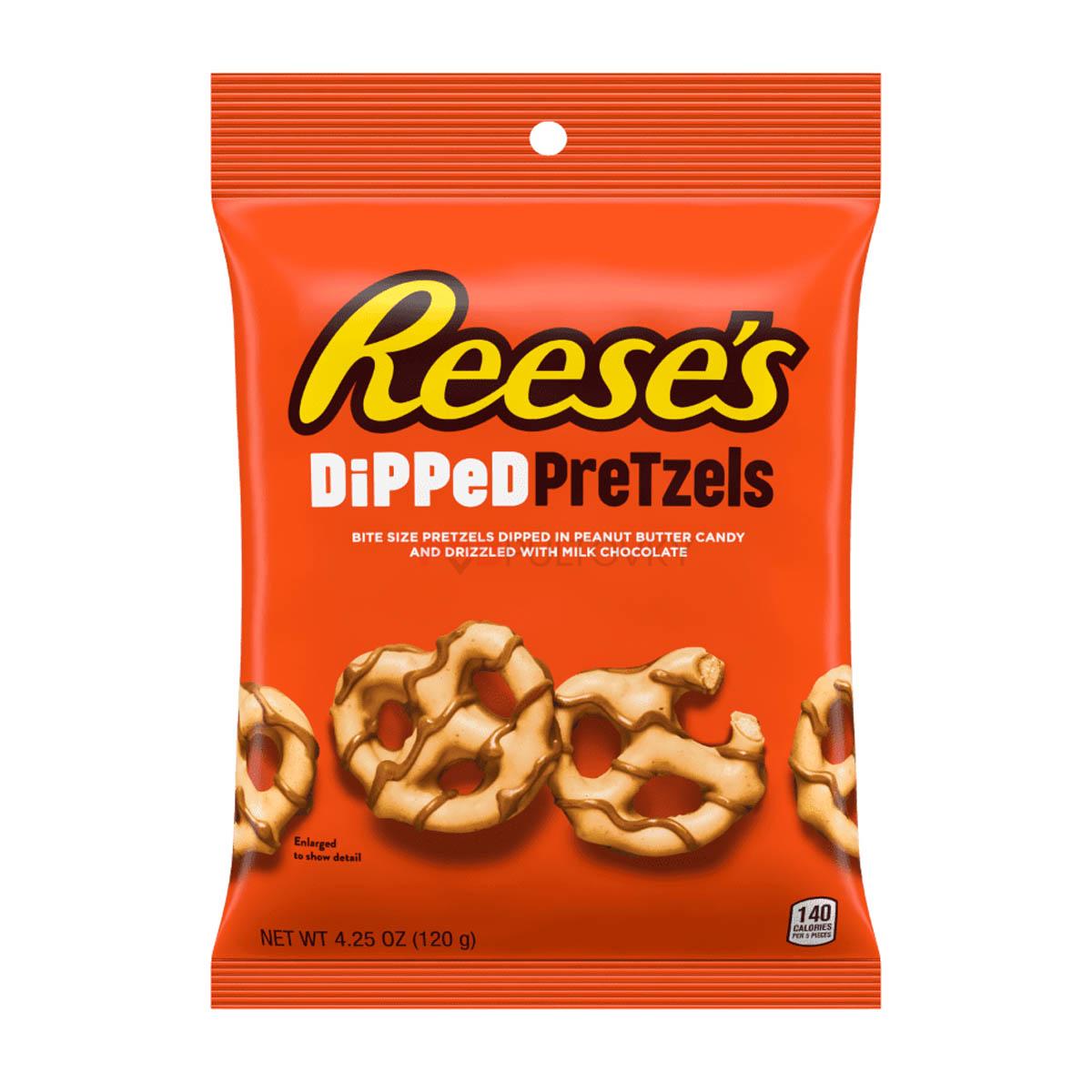 Reeses Dipped Pretzels 120g  Preclíky obalené v Reeses čokoládovo-arašídové polevě.
 
Složení: mléčná čokoláda (cukr, kakaové máslo, čokoláda, odtučněné mléko, mléčný tuk, laktóza, sójový lecitin,  ...