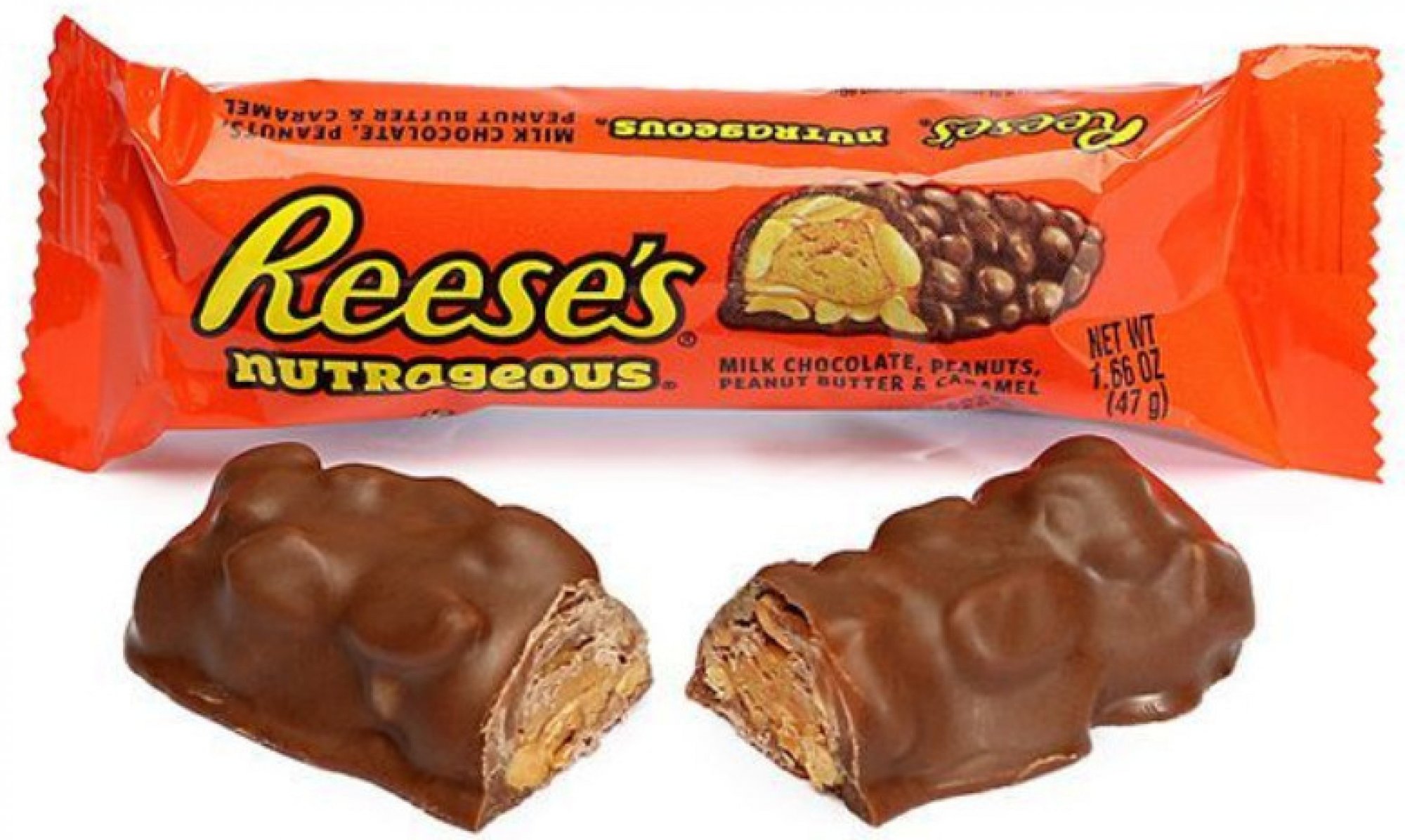 Reeses Nutrageous Bar 47g Reses tyčinka plněné arašídovým máslem a s kousky arašídů.

Složení:
Poleva s příchutí mléčné čokolády (40%).
Cukr, kakaové máslo, kakaová hmota.
Rostlinný olej (palmový, bambucký,  ...