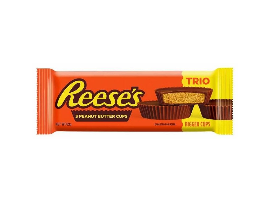 Reeses TRIO 63g Tři košíčky z mléčné čokolády plněné burákovým máslem.
 
Složení: poleva s příchutí mléčné čokolády (52%) (cukr*, kakaové máslo, kakaová hmota, práškové odstředěné mléko, mléčný tuk, laktóza,  ...