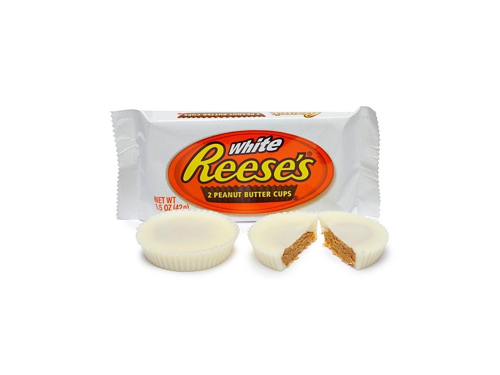 Reeses White Peanut Butter Cups 42g Reeses košíčky z bílé čokolády plněné arašídovým máslem. 
Složení: poleva s příchutí bílé čokolády (51,5%, cukr*, rostlinný olej (palmový olej, palmojádrový olej, bambucký olej,  ...