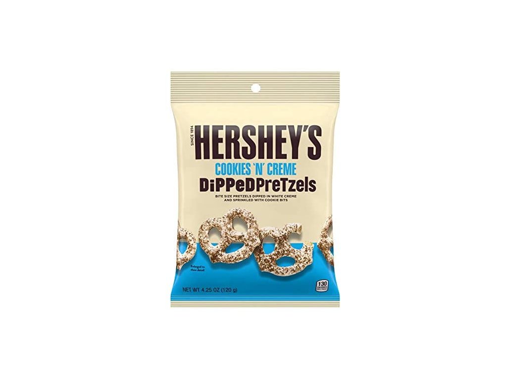 Hersheys Cookies n Creme Dipped Pretzels 120g Preclíky s polevou s příchutí krémové čokolády a sušenek.

Složení: Obohacená pšeničná mouka (mouka, niacin, síran železnatý, thiamin mononitrát, riboflavin, kyselina listová),  ...