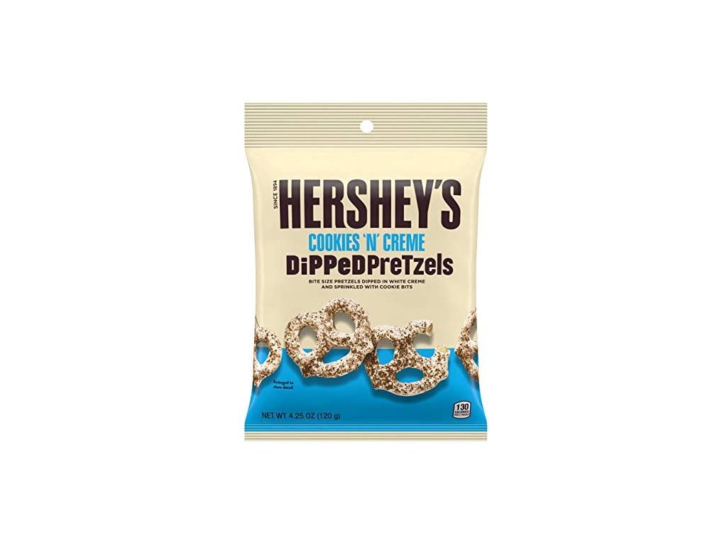 Hersheys Cookies n Creme Dipped Pretzels 120g Preclíky s polevou s příchutí krémové čokolády a sušenek.

Složení: Obohacená pšeničná mouka (mouka, niacin, síran železnatý, thiamin mononitrát, riboflavin, kyselina listová),  ...